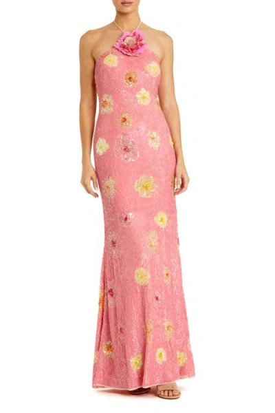 Mac Duggal Halter Neck Floral Embellished Mesh Gown In Pink