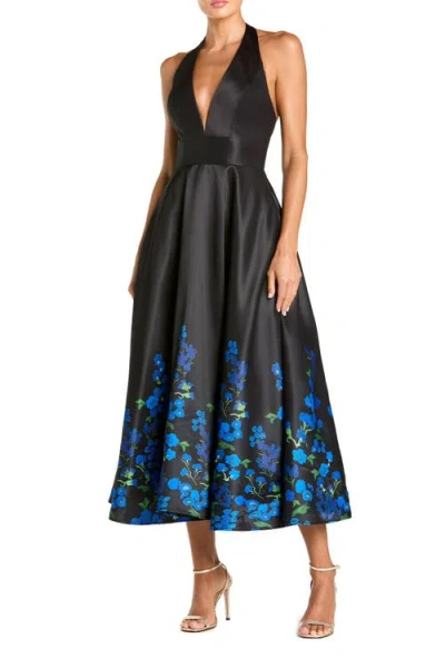 Mac Duggal Halter Neck Floral Printed Satin Midi Dress In Black