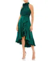Mac Duggal Halter Neck Flower Detail Ruffled Midi Dress In Emerald