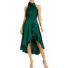 Mac Duggal Halter Neck Flower Detail Ruffled Midi Dress In Green