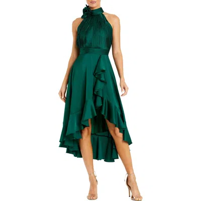 Mac Duggal Halter Neck Flower Detail Ruffled Midi Dress In Green