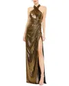 Mac Duggal Metallic Criss Cross Halter Neck Gown In Gold