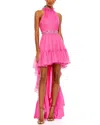 Mac Duggal Halter Neck High Low Flowy Gown In Pink