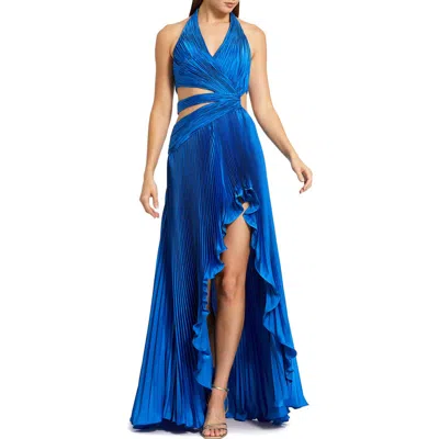 Mac Duggal Halter Neck Pleated Charmeuse Cut Out Gown In Blue