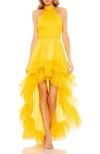 Mac Duggal Halter Neck Tiered Ruffle High Low Dress In Gold