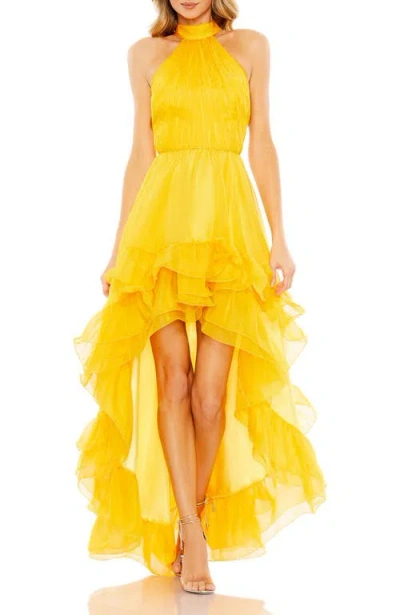 MAC DUGGAL MAC DUGGAL HALTER NECK PLEATED RUFFLE TIERED HIGH LOW GOWN
