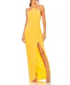 Mac Duggal Halter Neck Rouched Side Front Slit Gown In Yellow