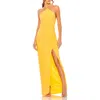Mac Duggal Halter Neck Rouched Side Front Slit Gown In Marigold