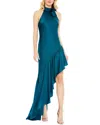 Mac Duggal Halter Neck Ruffle Hem Asymmetric Satin Gown In Blue