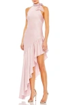 Mac Duggal Bow Ruffle Asymmetric Gown In Rose