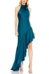 Mac Duggal Halter Neck Ruffle Hem Asymmetric Satin Gown In Teal