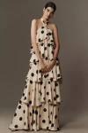 Mac Duggal Halter Polka Dot Ruffle Charmeuse Maxi Dress In Beige