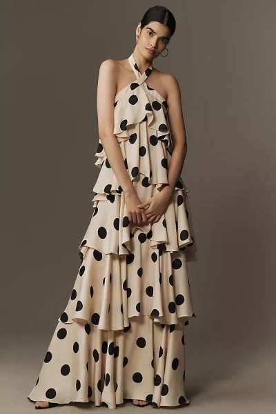 Mac Duggal Halter Polka Dot Ruffle Charmeuse Maxi Dress In Beige