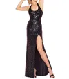 Mac Duggal Sequined Halter Strap Low Side Knot Gown In Black