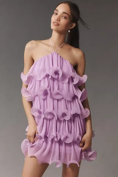 Mac Duggal Halter Tiered Ruffle Crinkle Chiffon Mini Dress In Purple