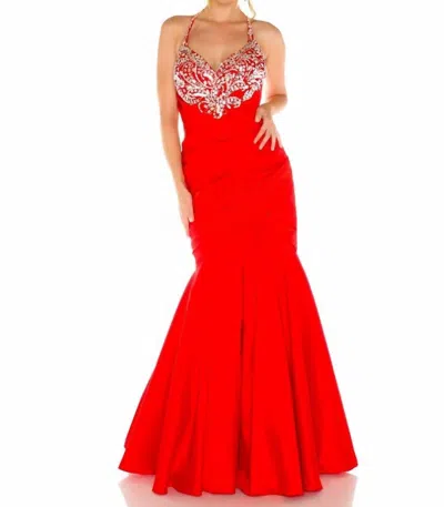 Mac Duggal Halterneck Beaded Mermaid Gown In Red