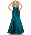 Mac Duggal Halterneck Beaded Mermaid Gown In Teal In Blue