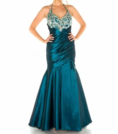 Mac Duggal Halterneck Beaded Mermaid Gown In Teal In Blue
