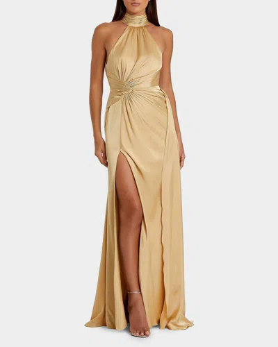 Mac Duggal Open Back High Neck Side Ruched Gown In Pink