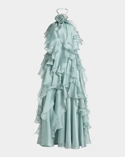 Mac Duggal Organza Halter Neck Open Back Ruffle Gown In Green