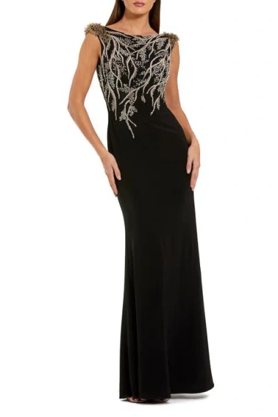 Mac Duggal Hand Beaded Cap Sleeve Jersey Gown In Black