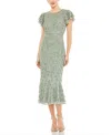 Mac Duggal Beaded Ruffle Sleeve Midi Cocktail Dress In Sage