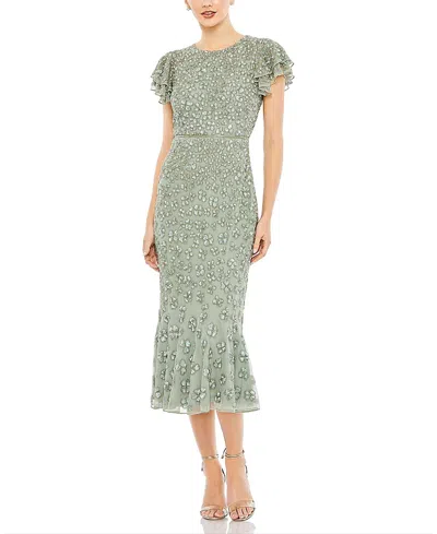 MAC DUGGAL HAND BEADED FLOUNCE SLEEVE MIDI DRESS