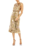 Mac Duggal Hand Beaded High Neck Midi Dress In Gold