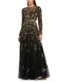 Mac Duggal Hand Beaded Mesh Long Sleeve High Neck A Line Gown In Black