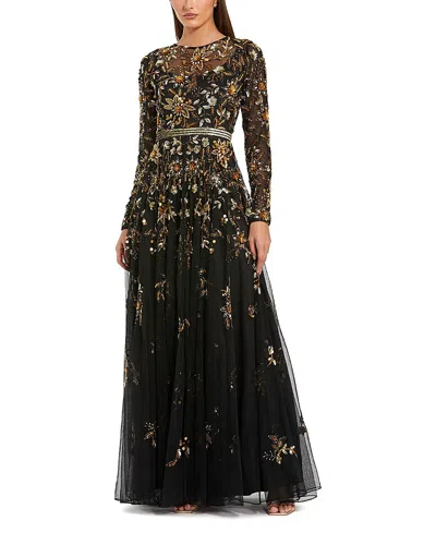 MAC DUGGAL HAND BEADED MESH LONG SLEEVE HIGH NECK A LINE GOWN