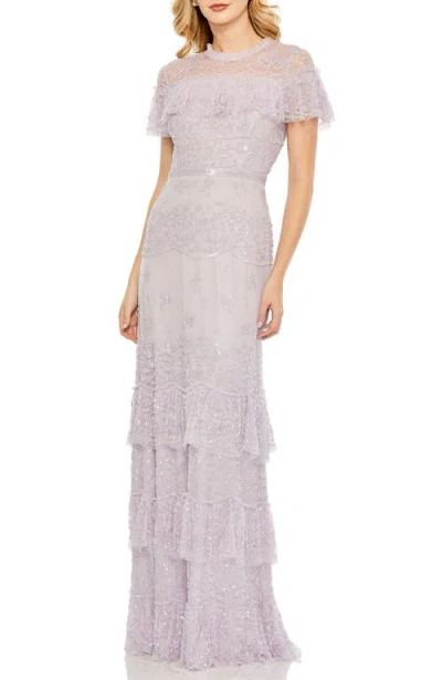 Mac Duggal Hand Embellished Cap Sleeve Ruffle Tiered Gown In Lilac