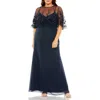 Mac Duggal Hand Embellished Cape Chiffon Gown In Blue
