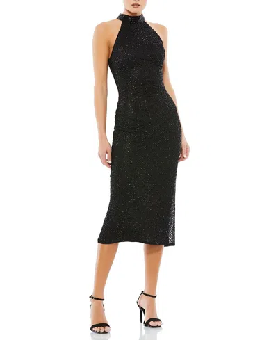 MAC DUGGAL HAND EMBELLISHED FAUX WRAP FLUTTER SLEEVE GOWN