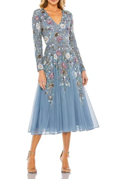 Mac Duggal Hand Embellished Floral V Neck Long Sleeve Dress In Blue