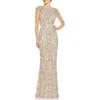 Mac Duggal Damask Sequin Open Back Gown In Beige Multi