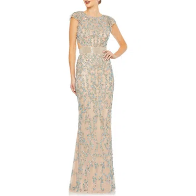 MAC DUGGAL MAC DUGGAL HAND-EMBELLISHED GOWN WITH ILLUSION NECKLINE, BEADED CUMMERBUND & LACE-UP BACK
