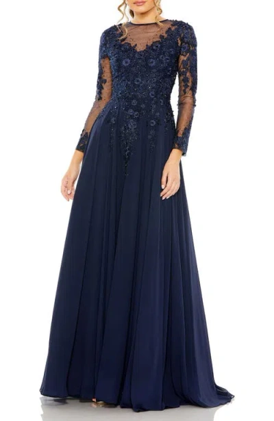 Mac Duggal Hand-embellished Lace Gown With Jeweled Embroidery In Blue