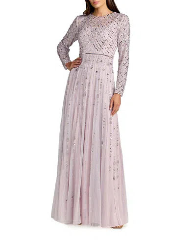 Mac Duggal Hand Embellished Long Sleeve A-line Gown In Purple