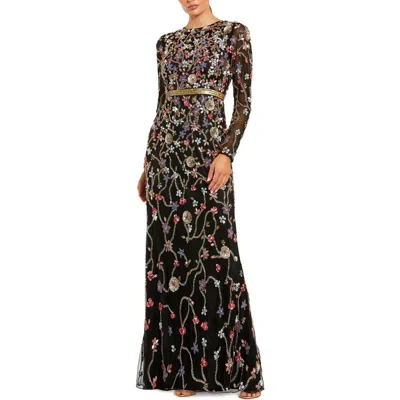 Mac Duggal Hand Embellished Long Sleeve High Neck Gown In Black Multi