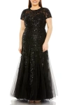 Mac Duggal Hand Embellished Mesh Overlay Short Sleeve Applique Gown In Black