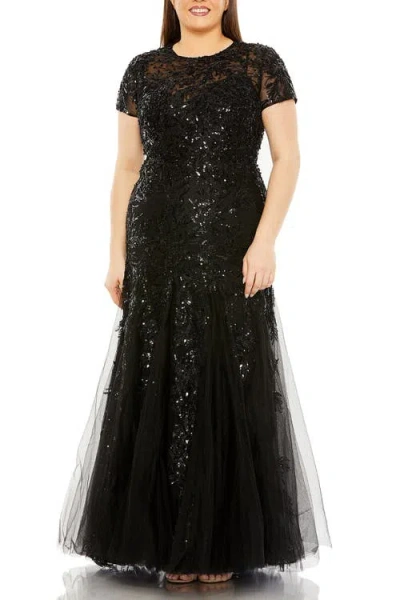 Mac Duggal Hand Embellished Mesh Overlay Short Sleeve Applique Gown