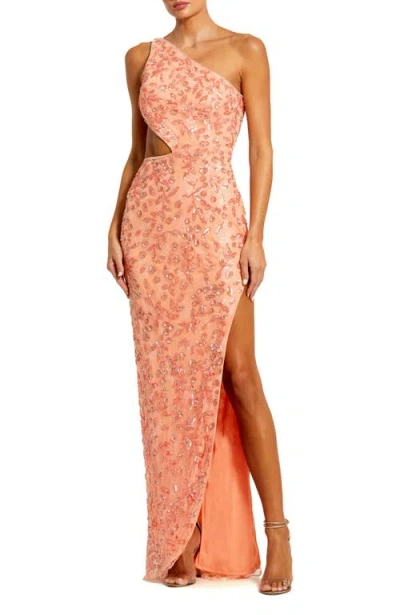 Mac Duggal Hand-embellished One-shoulder Gown With Waist Cut-out And Lace-up Back In Peach
