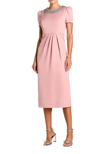 Mac Duggal Hand Embellished Rhinestone Neckline Column Dress In Pink