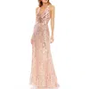 Mac Duggal Hand-embellished Sequin Gown With Cutouts And Crisscross Back In Rose Gold