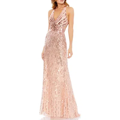 Mac Duggal Hand-embellished Sequin Gown With Cutouts And Crisscross Back In Rose Gold