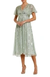 Mac Duggal Hand Embellished Short Sleeve A Line Midi Dress In Sage