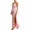 Mac Duggal Hand-embellished Spaghetti Strap Bustier Applique Gown With Thigh-high Slit In Pink Multi
