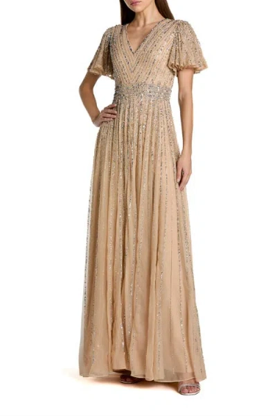 Mac Duggal Hand Embellished V-neck Flutter Sleeve Gown In Brown
