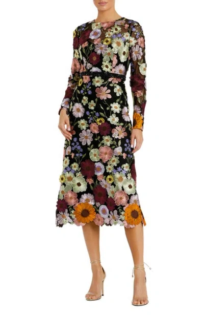 Mac Duggal Hand Stitched Floral Embellished High Neck A-line Dress In Black Multi