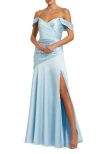 Mac Duggal Hard Satin Off The Shoulder Crossover Gown In French Blue